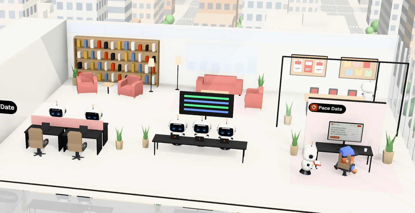 Pace Date’s office on floor 13 of Tower 1: the owner’s desk with the website on screen, the agents’ bench, a meeting room and a library